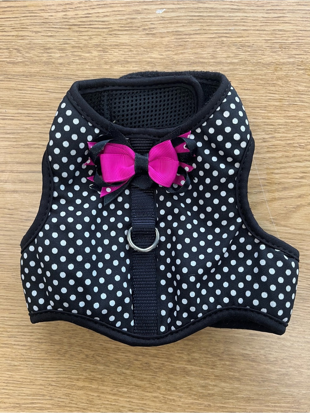 Small Top Paw Black and White Polka Dot Harness with Hot Pink Bow